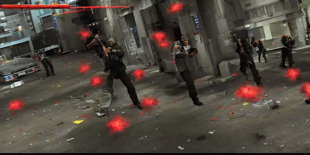 Prompt: 1998 Video Game Screenshot, Anime Neo-tokyo Cyborg bank robbers vs police, Set in Bank Vault Room, bags of money, Multiplayer set-piece, Police officers hit by bullets :5, Police Calling for back up, Bullet Holes and Blood Splatter, :2 ,Hostages, Smoke Grenades, Large Caliber Sniper Fire, Chaos, Cyberpunk, Money, Anime Bullet VFX, Machine Gun Fire, Violent Gun Action, Shootout :3 , Highly Detailed, 8k :6 by Katsuhiro Otomo + Studio Gainax : 8