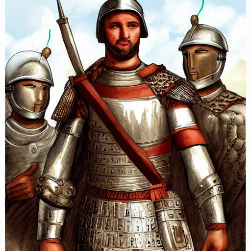 Prompt: a roman soldier in front of his army, ancient rome, digital art, steal armors