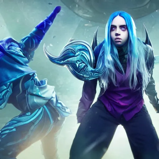 Prompt: billie eilish as a league of legends champion still shot from trailer