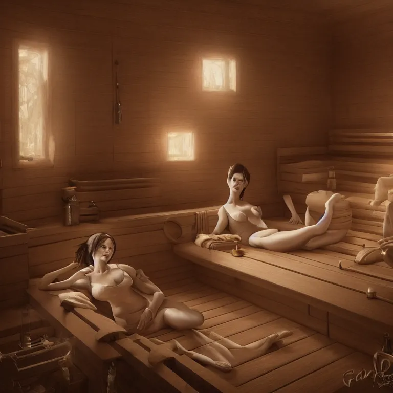 Image similar to woman relaxing in sauna, 3 d render, dark art, highly detailed, intricate, artgerm, greg rutkowski