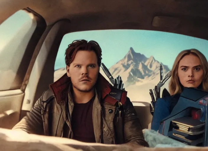 Image similar to a very high resolution image from a new movie, starlord. driving around. inside of a car. mountains, polaroid, directed by wes anderson