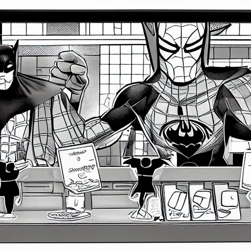 Prompt: Batman and Spiderman work at the McDonald's checkout. Disney drawing.