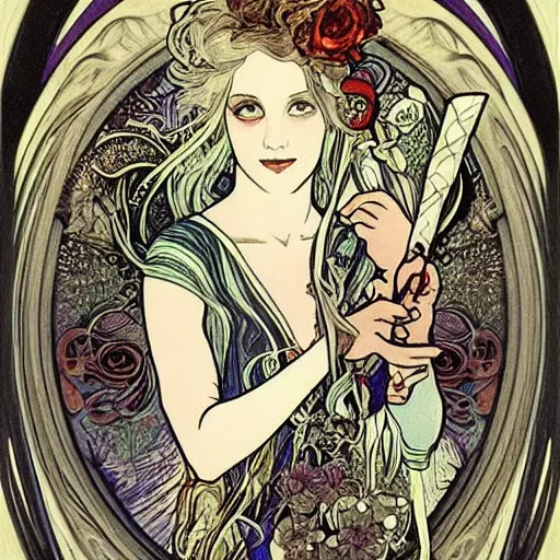 Prompt: Alice in Wonderland,Diamonds Blaze,Rose twining,out of time and space,dreamy, eternity, romantic,highly detailed,in the style of Alphonse Maria Mucha, highly detailed,night lighting