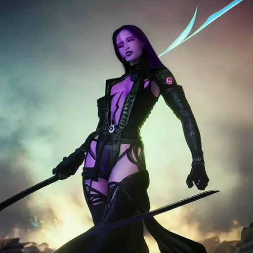 Prompt: gorgeous goth psylocke fighting army of demons with a samurai sword, physical based render, cinematography, octane, photorealistic, gorgeous, symmetrical, unreal engine