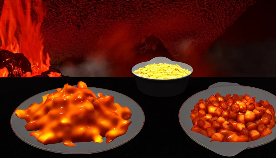 Image similar to poutine ( the canadian meal ) from mount doom, volcano texture, lava texture, fire texture, cheese curds texture, 8 k, octande render, unreal engine 5, surface blemishes, hdr