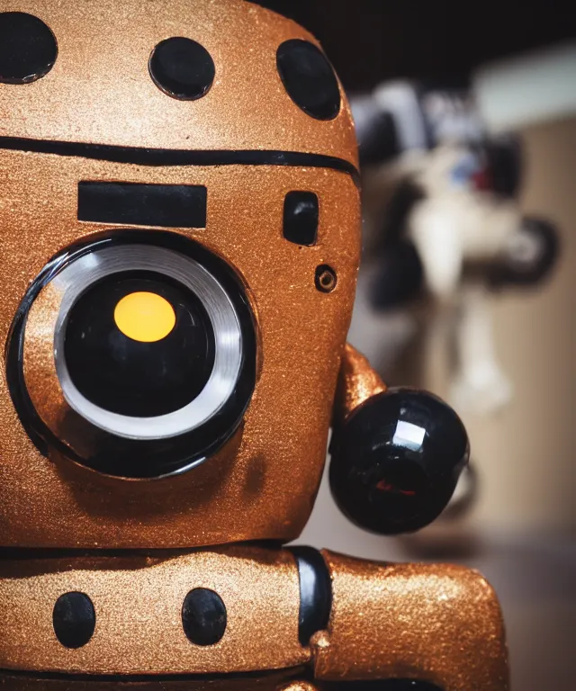 Image similar to high quality presentation photo of a retro toy robot with glowing eyes, photography 4k f1.8 anamorphic bokeh 4k Canon Nikon