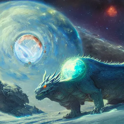 Image similar to prompt crystalline blue European dragon in space devouring a planet, sun system, nebula, oil painting, by Fernanda Suarez and and Edgar Maxence and greg rutkowski