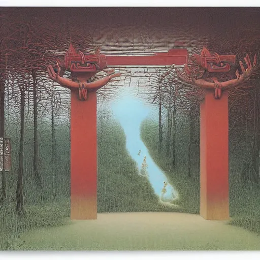 Prompt: Zdzisław Beksiński by Gerald Brom, Japanese Torii Gate in a lush forest