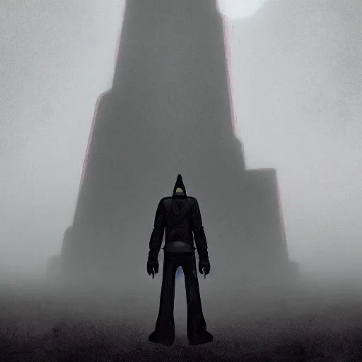 Prompt: ominous and dreadful digital painting of a terrifying demon standing in front of a monumental white monolith in the style of simon stalenhag. overcast, misty. extreme long shot. hd, sci - fi.
