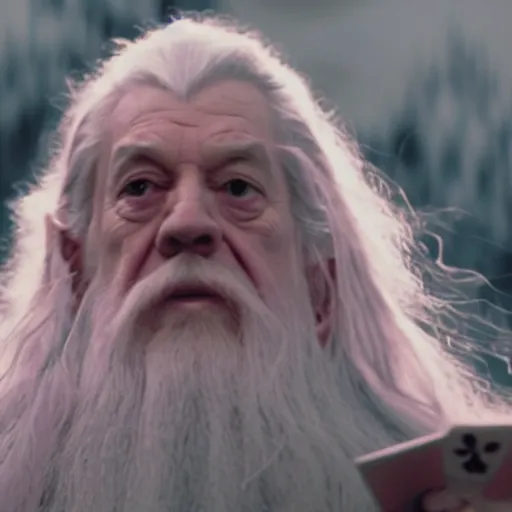 Image similar to portrait of gandalf the pink, hair ribbon, holding a blank playing card up to the camera, movie still from the lord of the rings