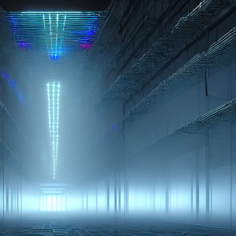 Prompt: an immaculate volumetric path tracing lighting render of a large rack of beautiful iridescent device at che center of a in a vast modern datacenter, fog, god rays, and nixie tubes by Zdzisław Beksiński and beeple, beautiful modern colors, ultradetailed, 4k ultra