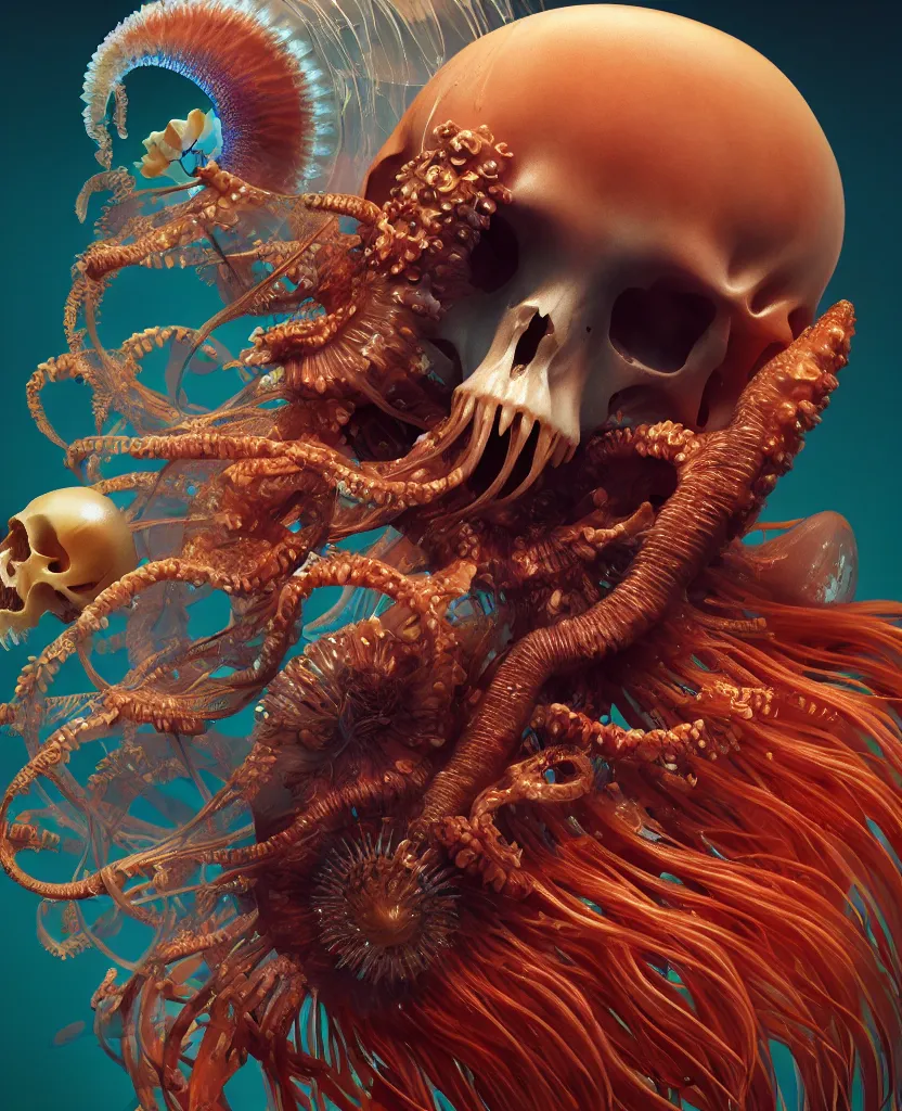 Image similar to goddess close-up portrait animal skull. jellyfish phoenix head, nautilus, orchid, skull, betta fish, bioluminiscent creatures, intricate artwork by Tooth Wu and wlop and beeple. octane render, trending on artstation, greg rutkowski very coherent symmetrical artwork. cinematic, hyper realism, high detail, octane render, 8k