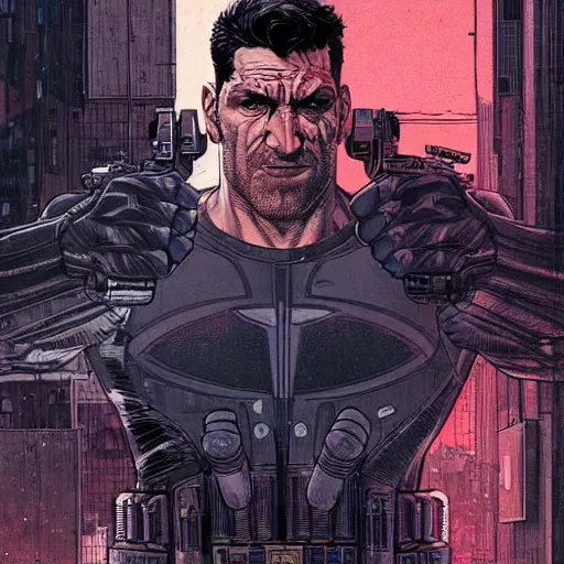 Prompt: the punisher punching bruce wayne, centered in the frame, cyberpunk concept art by Jean Giraud and josan gonzales, digital art, highly detailed, intricate, sci-fi, sharp focus, Trending on Artstation HQ, deviantart, 4K UHD image