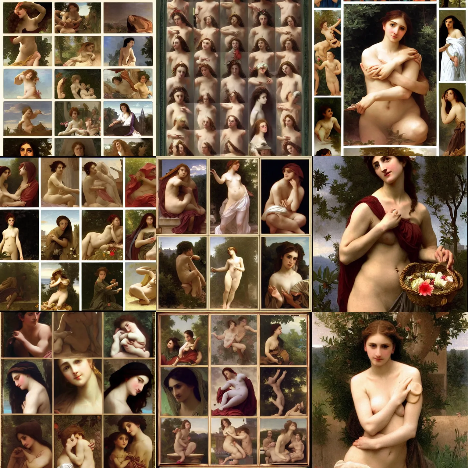Prompt: nine images arranged in three rows and three columns of : a beautiful woman in the style of bouguereau, ultra detailed, intricate