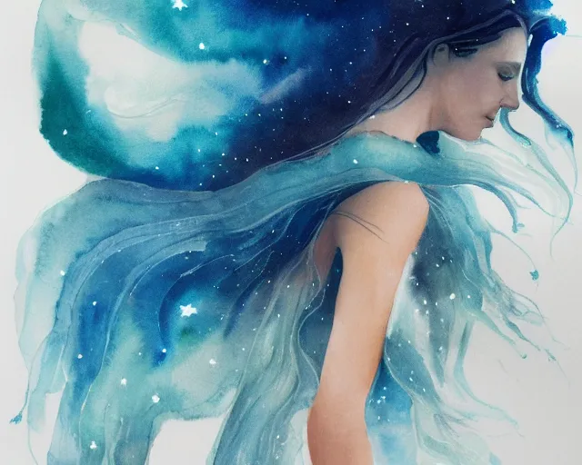 Image similar to an outline of a woman with long hair flowing behind her ; the hair is a large nebula in space with stars : watercolor painting on white paper, small detailed?, abstract art, minimalism, painterly style, 4k ultra hd, on artstation