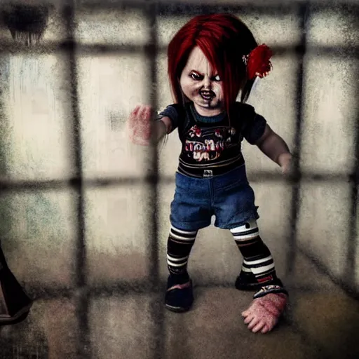 Prompt: the doll chucky in the middle of a cage fighting with doll annabelle, epic mma fight, dramatic poses, dolls are in motion, disneyland as backdrop, oil painting, by greg rutkowski