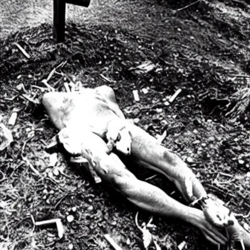 Image similar to Jordan Peterson laying in an open grave with a cross made of broken wood. He’s laughing. Photograph from horror movie 1980s.