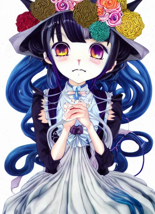 Image similar to manga character design of beautiful cat girl witch with a robot, curls hair, rococo ruffles dress, rosette, symmetrical face, cute, fairy, by kelly mckernan, mai yoneyama, takeshi obata, katsuhiro otomo, detailed background, illustration, artstation, concept art, highly detailed, colorful, maximalist