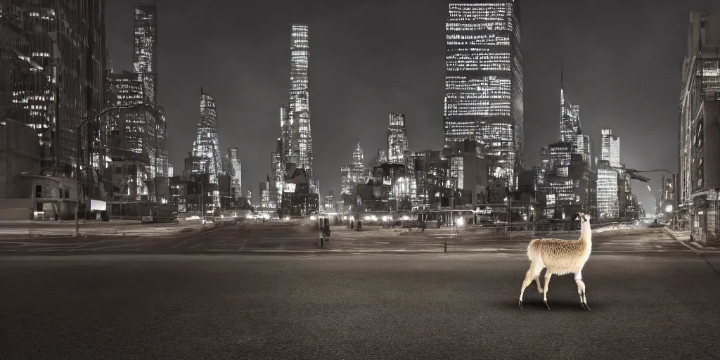 Image similar to a llama walking through a desolate manhattan city street at night, statue of liberty seen in the background, realistic 4 k octane beautifully detailed render, 4 k post - processing, highly detailed, detailed face, intricate complexity, epic composition, magical atmosphere, cinematic lighting, masterpiece, ultra hd