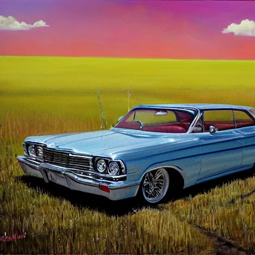 Prompt: chrome impala in a field, oil on canvas, extremely detailed masterpiece