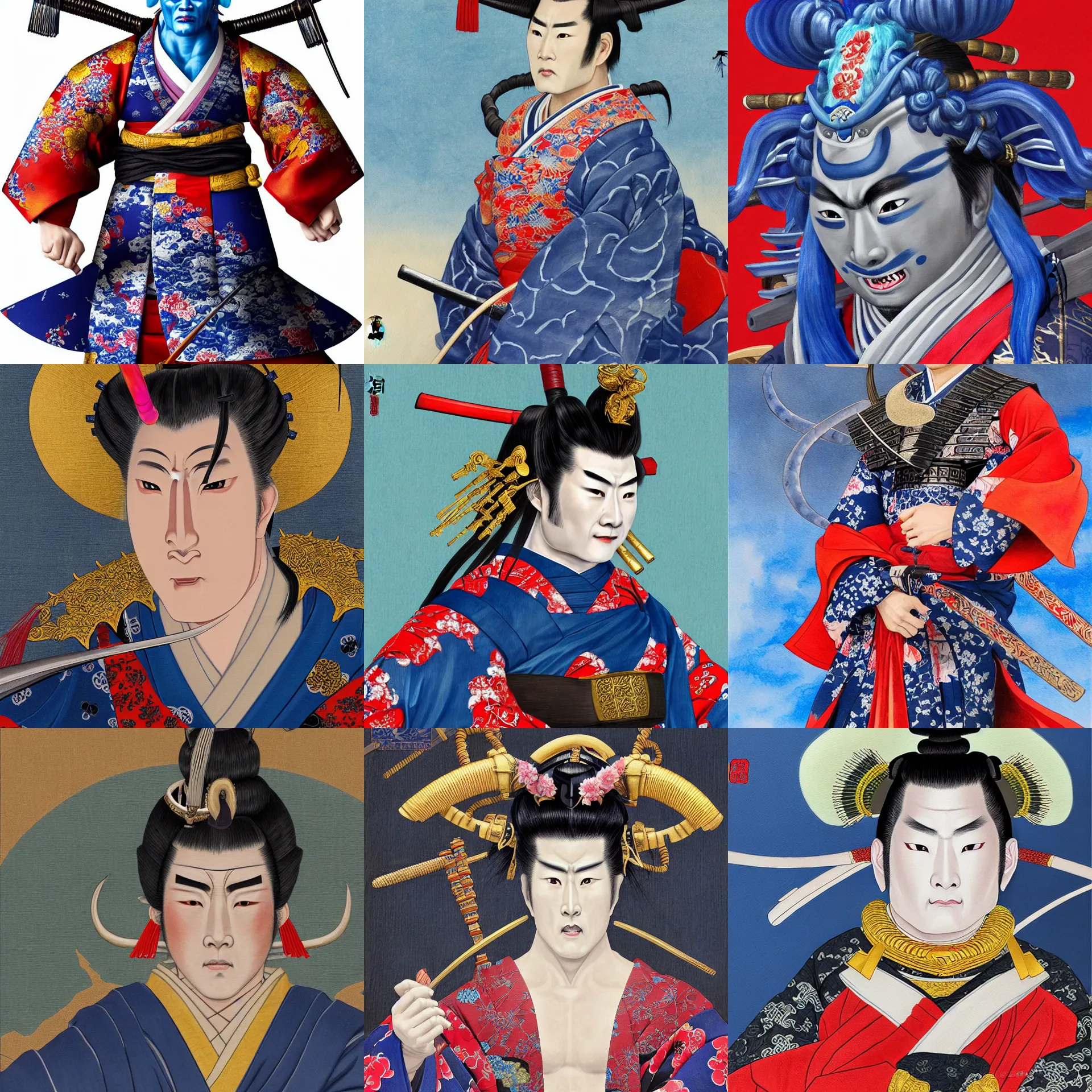 Prompt: a painting of a tokugawa era samurai but a blue oni demon 鬼 👹 in kimono photorealistic horns official portrait highly detailed, 4 k, hdr, smooth, sharp focus, high resolution, award - winning photo, illustrated by anne stokes,