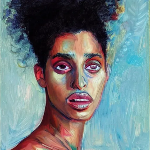 Prompt: impressionism smeared very strange portrait of imaan hammam