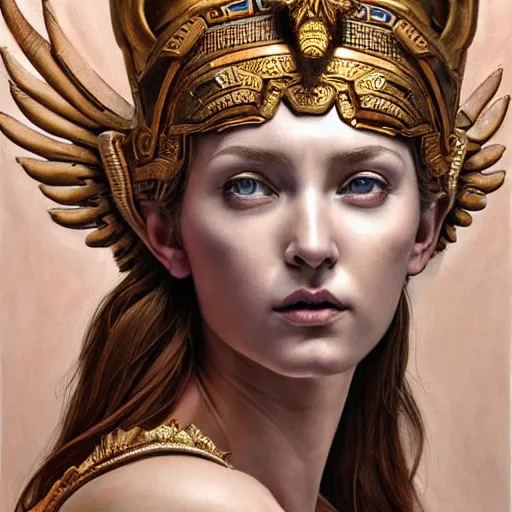 Image similar to hyperrealistic mixed media painting of beautiful goddess Athena, stunning 3d render inspired art by P. Craig Russell and Barry Windsor-Smith, perfect facial symmetry, dim volumetric lighting, 8k octane beautifully detailed render, post-processing, portrait, extremely hyper-detailed, intricate, epic composition, brown eyes, realistic realistic realistic eyes, cinematic lighting, masterpiece, trending on artstation, detailed detailed detailed, masterpiece, stunning