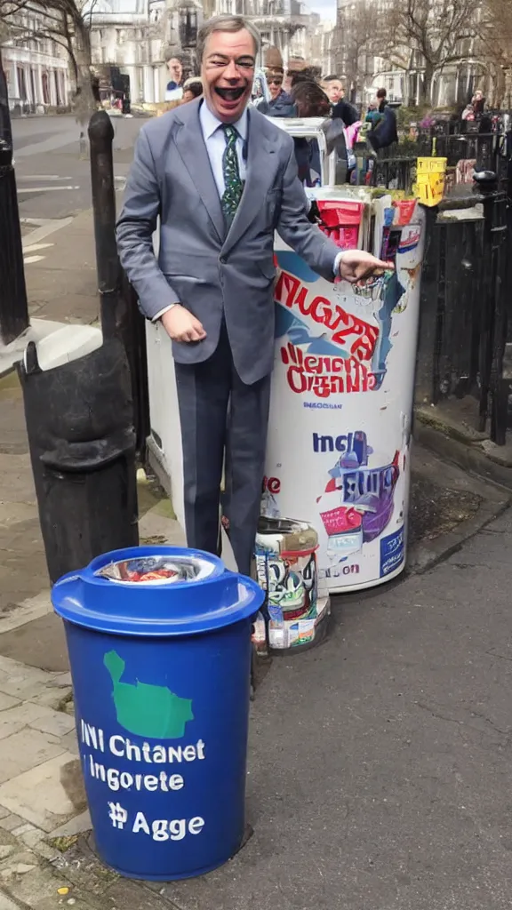 Image similar to nigel farage laughing maniacally whilst standing inside a bin on the street