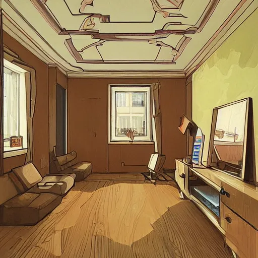 Image similar to soviet apartment interior by moebius, flat shading, cartoon illustration, trending on artstation
