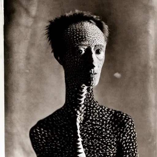 Prompt: photographic portrait max ernst sad woman giraffe feathers