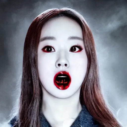 Image similar to photo of Chuu Kim Ji-woo from LOONA dressed as Negan, mischievous look with her barbed baseball bat Lucille, in the style of George Hurrell, white fog, octane render