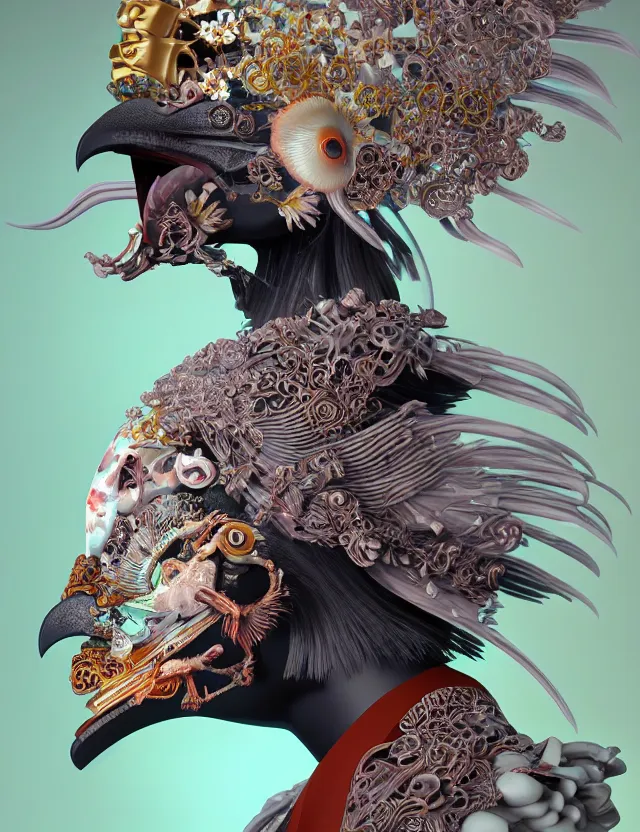 Image similar to 3 d goddess close - up profile portrait biomechanics with ram skull. beautiful intricately detailed japanese crow kitsune mask and clasical japanese kimono. betta fish, jellyfish phoenix, bio luminescent, plasma, ice, water, wind, creature, artwork by tooth wu and wlop and beeple and greg rutkowski