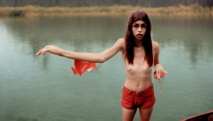 Image similar to 7 0 s film still from a horror movie about riley reid standing in the middle of a lake, kodachrome, cinecolor, cinestill, film grain, film texture, retro, cinematic, high resolution, photorealism,