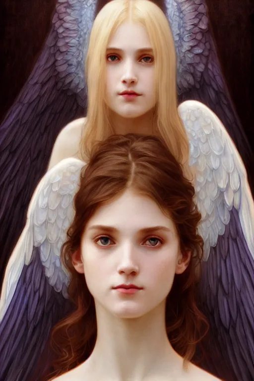 Image similar to Portrait of beautiful pale demonic biblical girl with angelic wings with multiple eyes on them, cinematic lighting, intricate, elegant, highly detailed, digital painting, artstation, smooth, sharp focus, illustration, art by artgerm and greg rutkowski and alphonse mucha and Wayne Barlowe and william-adolphe bouguereau