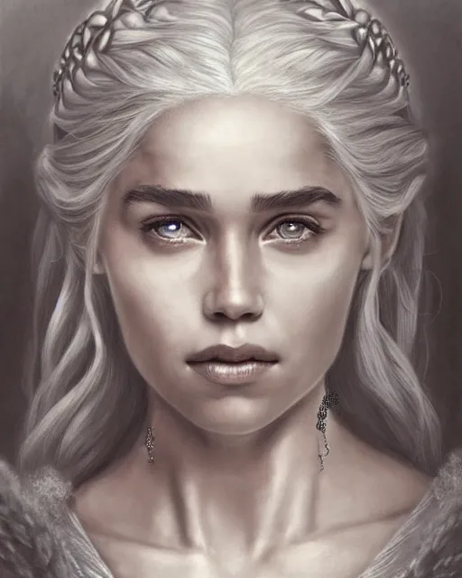 Image similar to pencil drawing of beautiful daenerys targaryen as greek goddess aphrodite with arrowhead jewelry, beautiful piercing eyes, beautiful blonde hair flying in the wind, hyper realistic face, in the style of greg rutkowski, fantasy, amazing detail, epic, elegant, smooth, sharp focus, from the front