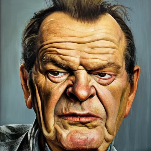 Image similar to high quality high detail painting by lucian freud, hd, portrait of mad jack nicholson, photorealistic lighting