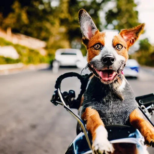 Image similar to blue heeler dog on a motorcycle, 8 k photography, blurred background of a wafflehouse