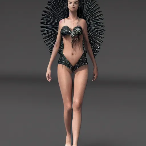 Image similar to An extremely beautiful runway model wearing a intricate bikini dress made from Ferro Fluid at a Galla, hyper realistic 8K HDRI octane render.