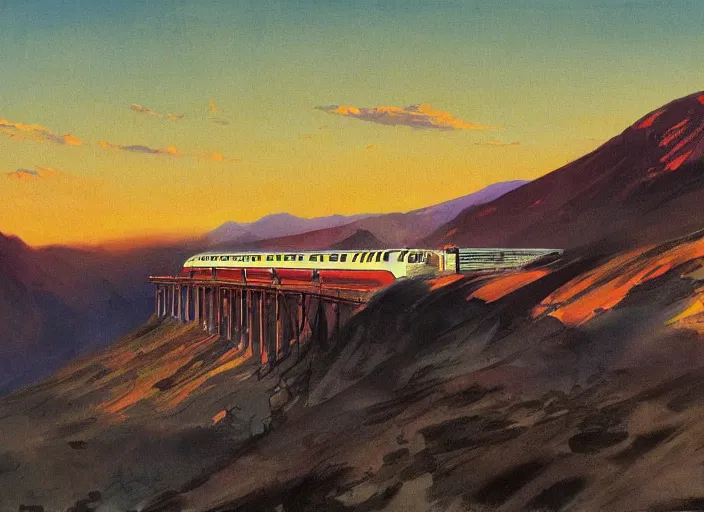 Image similar to illustration of the santiago metro at full speed with the andes mountain range in the background at sunset by john berkey and edward hopper