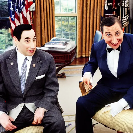 Image similar to pee wee herman on his first day as president of the united states, in the oval office with the vice president, extremely detailed, photograph by annie leibovitz