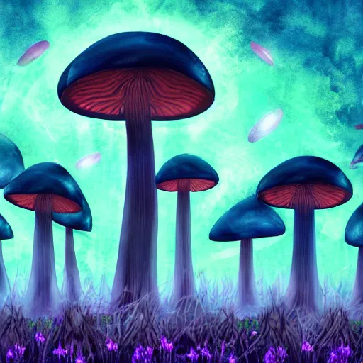Prompt: forest of giant mushrooms with glowing caps and spores, dark lighting, teal and purple colors, fractal sky, moon beams, digital painting trending on art station