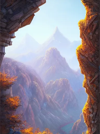 Prompt: over the shoulder powerful king, from the top of the stone walls, looking to the very distant horizon full of montains and valleys. intricate, elegant, highly detailed, digital painting, artstation, concept art, sharp focus, illustration, by justin gerard and artgerm, 8 k