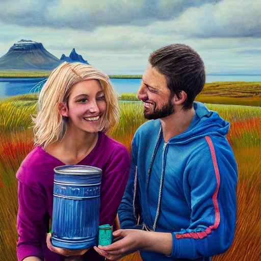 Prompt: a highly detailed painting of a young couple from the side, holding a tin can, hjalteyri iceland, summer, blonde hair, muted colors, joy, trending on artstation,