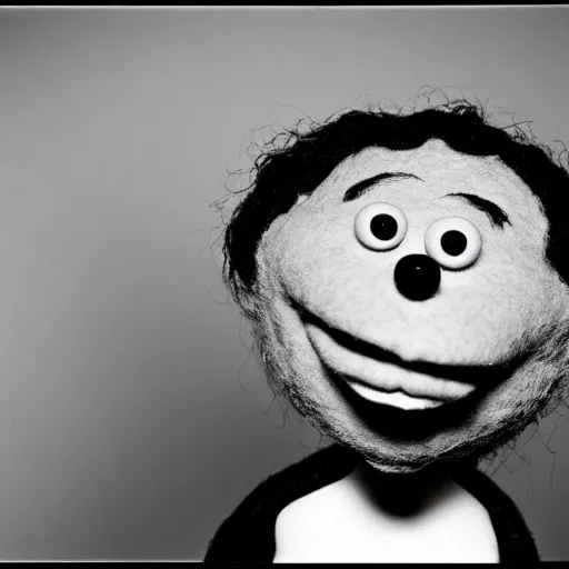 Image similar to a black and white photograph by Gary Baseman, Robert Crumb, Jim Henson, photorealistic, surreal, high contrast, film photography, felt, muppet, character