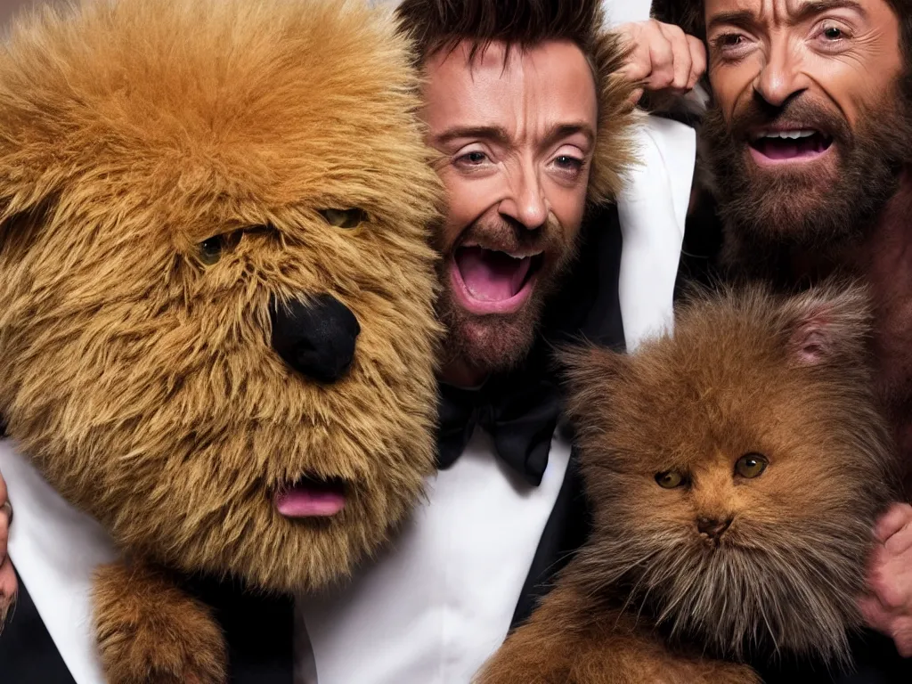 Prompt: Hugh Jackman and Fluffy Furry monster, making silly faces from a stage, movie still, studio lighting, 4k, 8k, high resolution