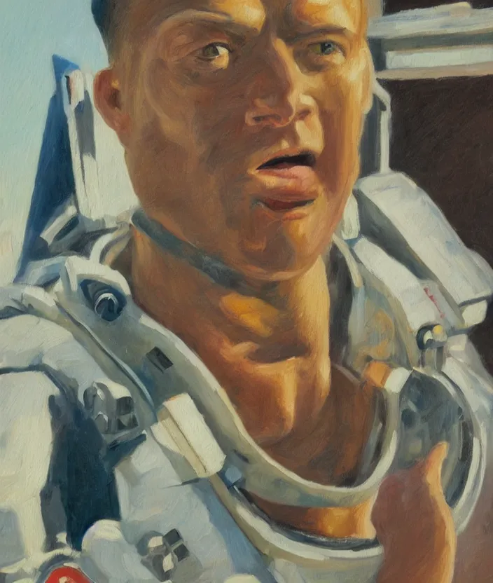 Prompt: a close up portrait painting of a man in an astronaut suit, the man is screaming and sad, highly detailed facial details, face close up, aesthetic architecture in the background, in the style of edward hopper, fine brush strokes, 4 k,