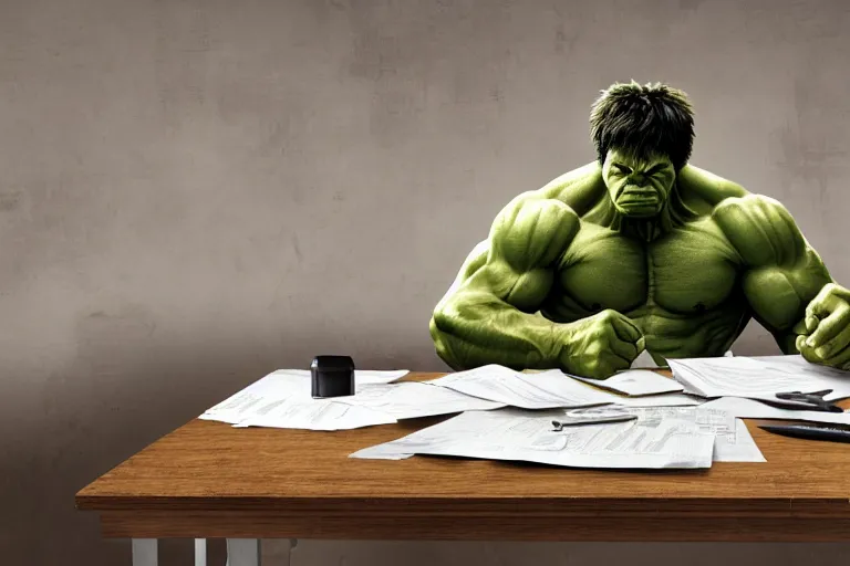 Prompt: the hulk sitting at a desk using a small calculator to do his taxes, calculator, oil on canvas, intricate, 8 k highly professionally detailed, hdr, cgsociety