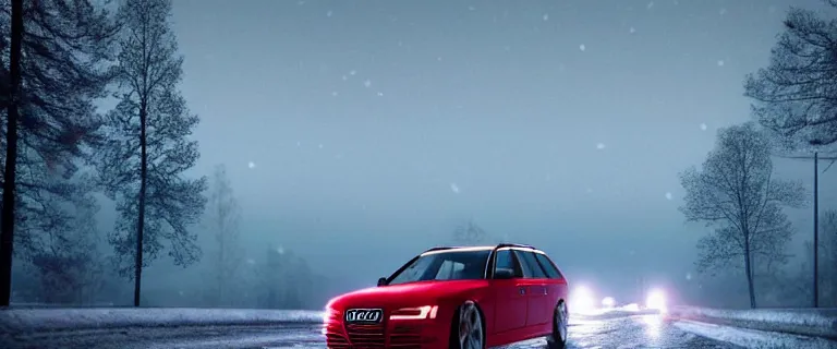 Image similar to Audi A4 B6 Avant (2002), a gritty neo-noir, dramatic bright lighting, cinematic, establishing shot, extremely high detail, photorealistic, cinematic lighting, artstation, by simon stalenhag, Snowy italian road, Snowy Apennines, At night, Poets of the Fall - Late Goodbye