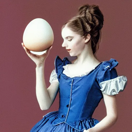 Prompt: alice in wonderland holding an egg
