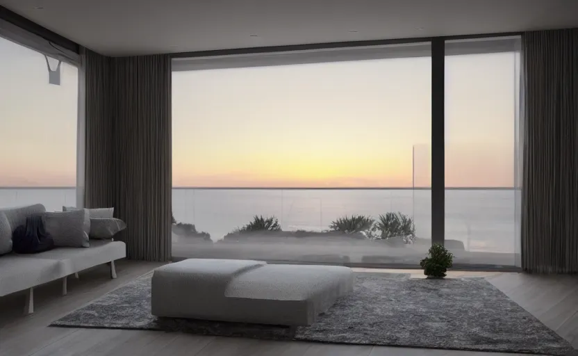 Image similar to a interior photo of a furnished modern house with a large window with view to the sea at sunset, octane render, unreal engine 5, godrays, ray tracing, hyperrealistic, full of luxury furniture, calm, relaxing, complementary colors, warm lighting, clouds in the sky, concept art, 4k, high quality, highly detailed, trending on DeviantArt, beautiful